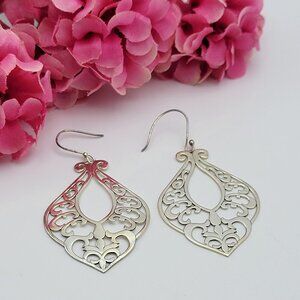 Vintage ATI Mexico 925 Sterling Silver Filigree Drop Earrings French Wire 1.75"